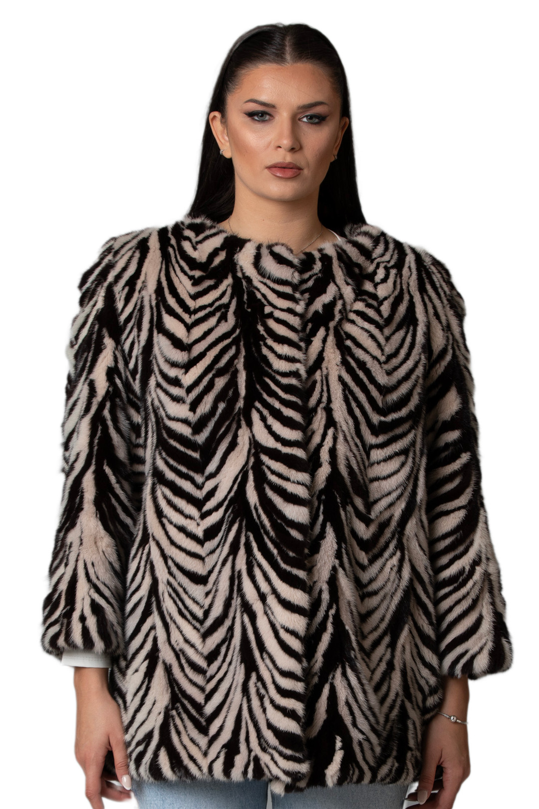 Collarless  Mink Fur Jacket Zebra 