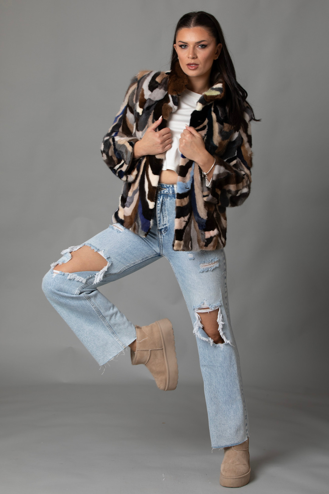 Multicolor Mink Fur Jacket Stand Up Collar