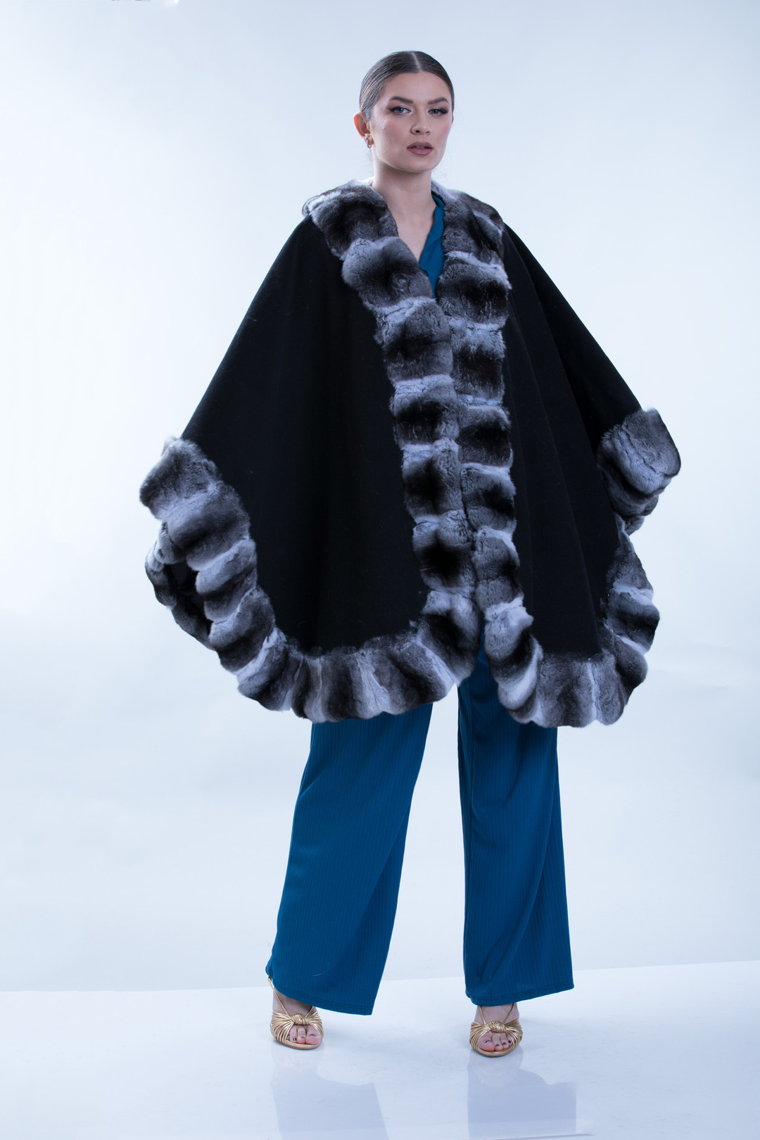Black Cashmere Cape with Chinchilla Trim SIZES L/XL/XXL