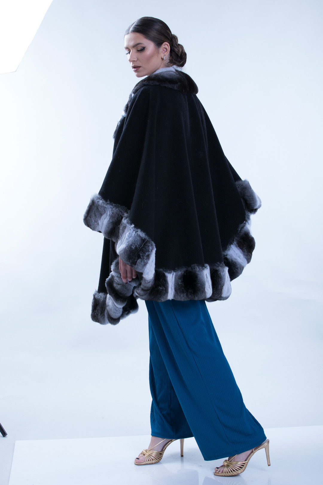 Black Cashmere Cape with Chinchilla Trim SIZES L/XL/XXL