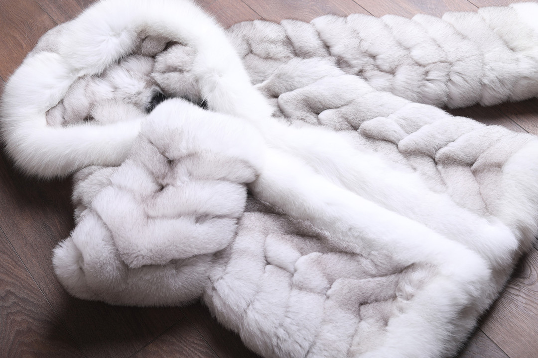 Men's White and Blue Hooded  Fox Fur Coat  Sizes M/L
