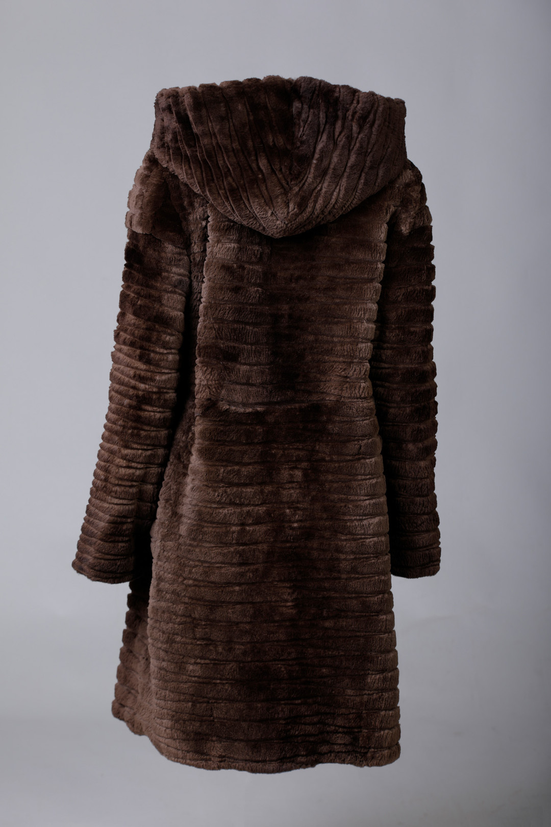 Dark Brown Sculpted Beaver Fur Coat Hooded Sizes S/M