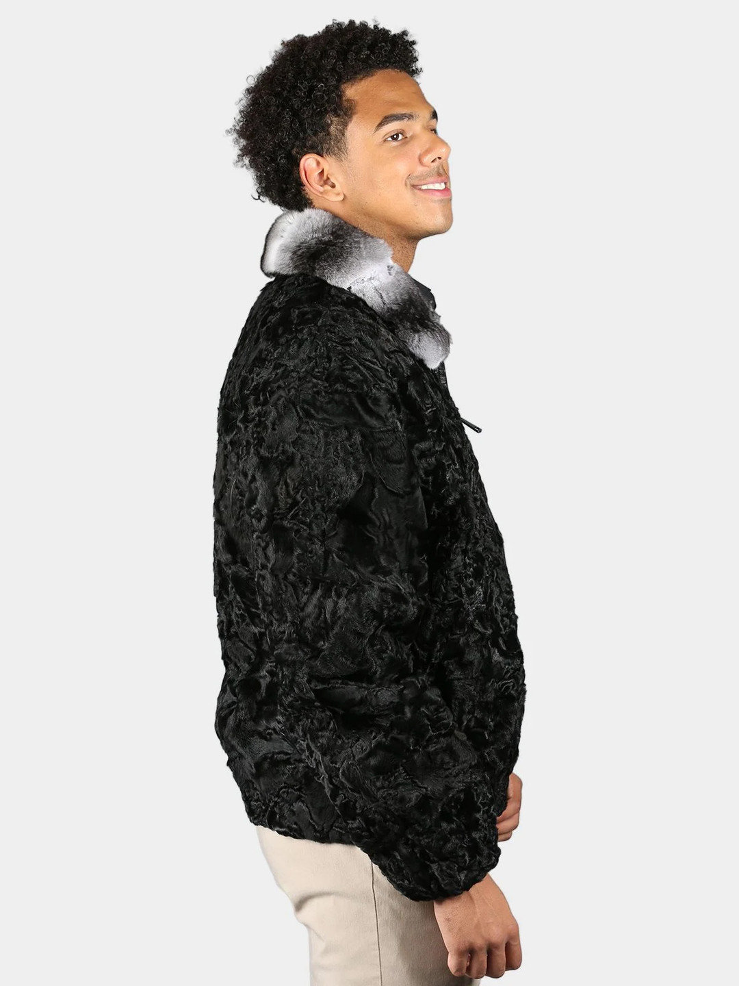 Persian Lamb Fur Bomber Jacket  Rex Chinchilla Fur Collar 