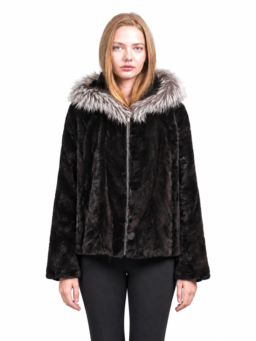 Black Herringbone Mink Hooded Jacket