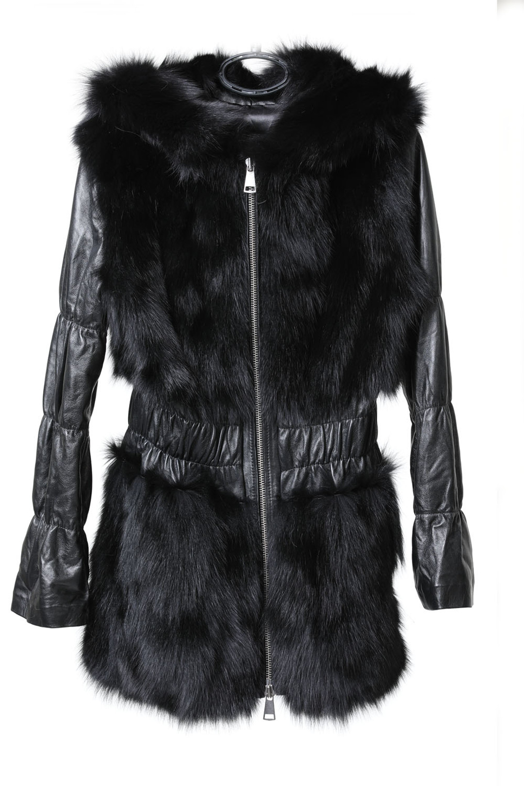 Black Fox Fur Jacket Hood leather sleeves Black Fox Fur Jacket Hood leather sleeves