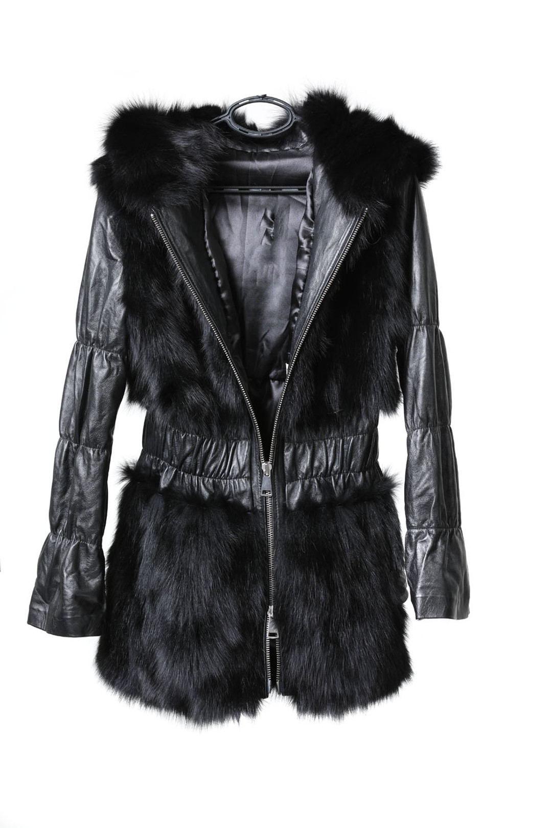 Black Fox Fur Jacket Hood leather sleeves Black Fox Fur Jacket Hood leather sleeves
