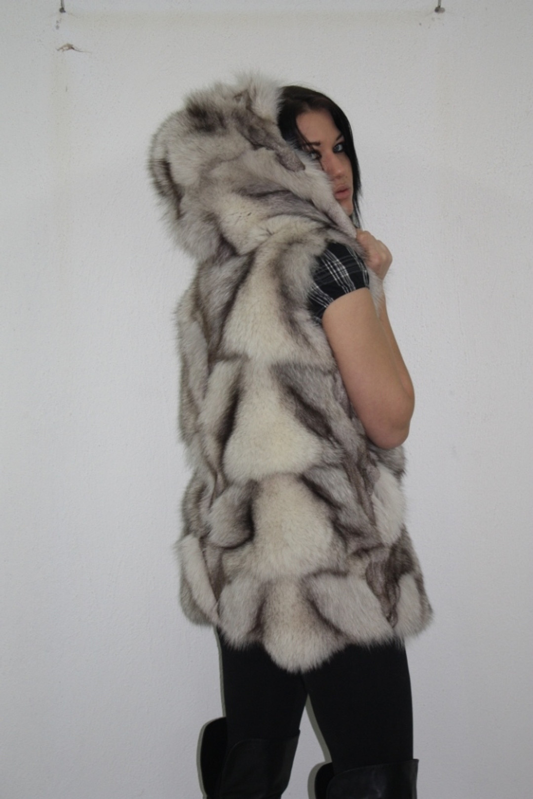 Blue Fox Fur Vest Hooded