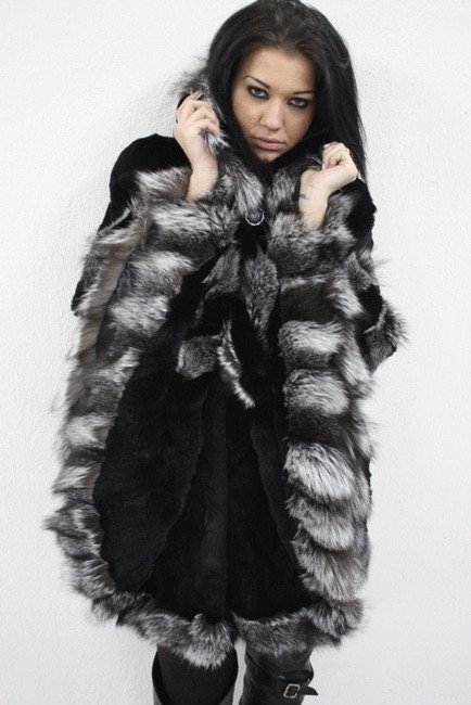 Fur Cape Black Rex Rabbit & Silver Fox Trim