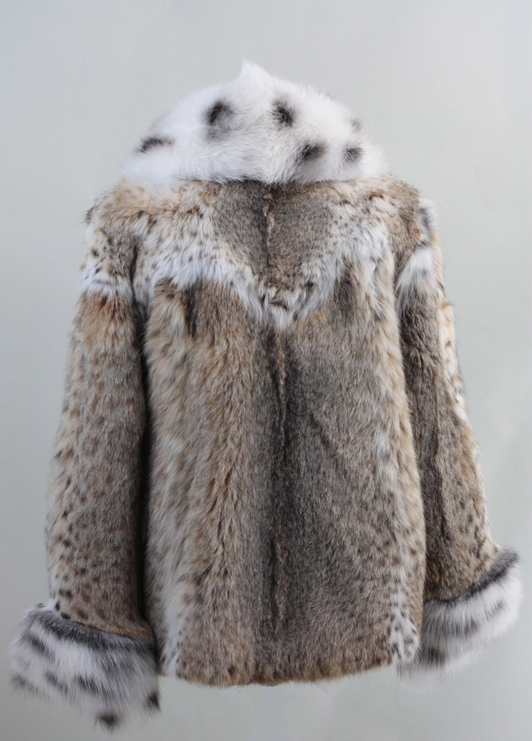 Lynx Fur Coat with Spotted White Fox Fur Collar and Cuffs Hip Length Rear View