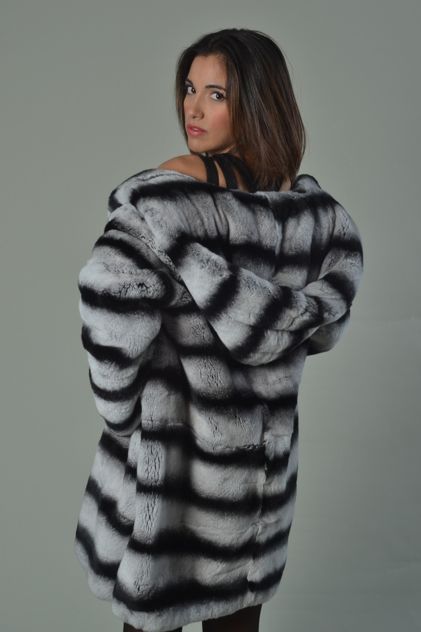 Chinchilla Rex Fur Coat Hooded Mid Hip Length | SKANDINAVIK FUR