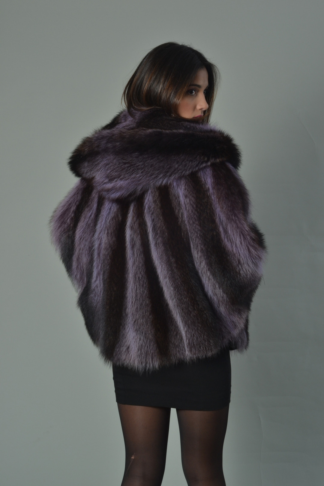 purple raccoon fur cape with hood