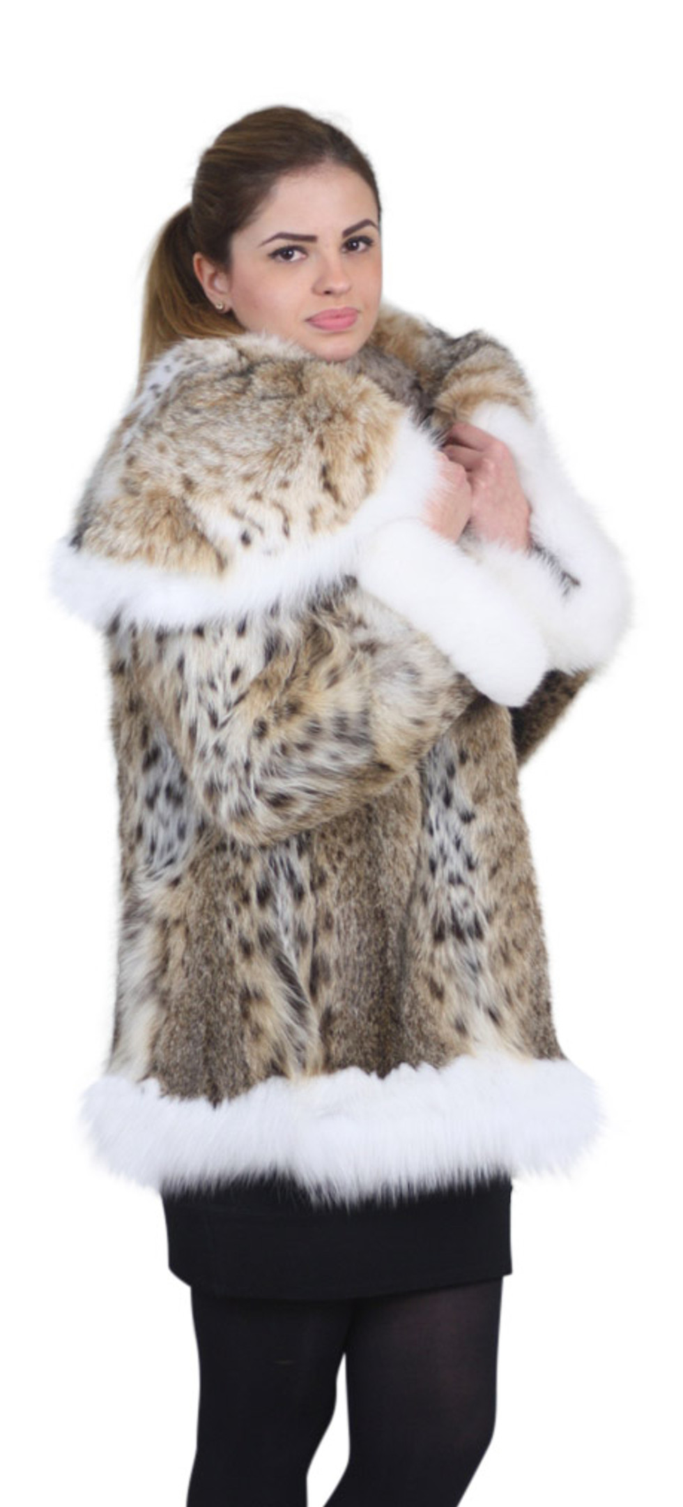 Bobcat Lynx Fur Coat Shoulder Collar with White Fox Fur Cuffs and Trim
