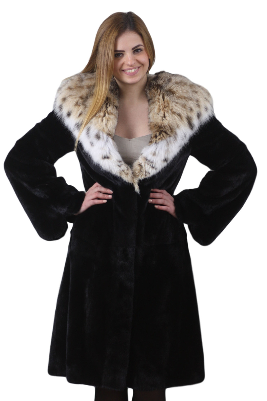 STUNNING  BLACK MINK FUR COAT KNEE LENGTH SKIN TO SKIN LYNX HOOD AND COLLAR