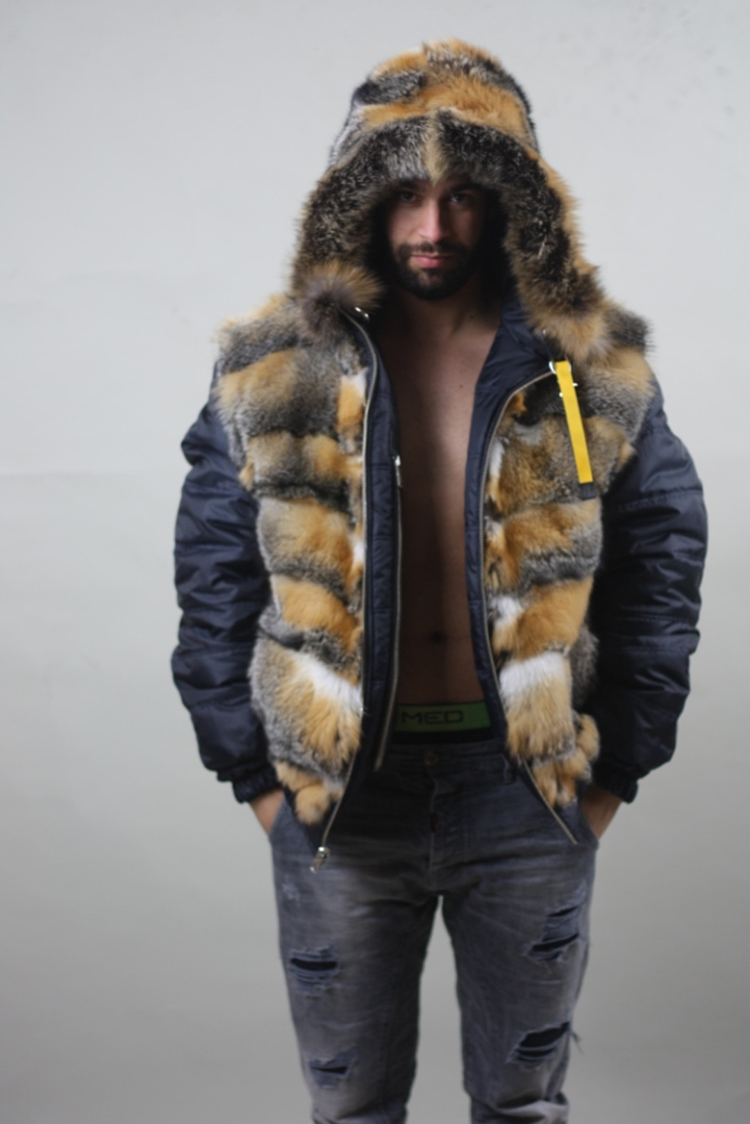 blue mens fur lined parka with hood