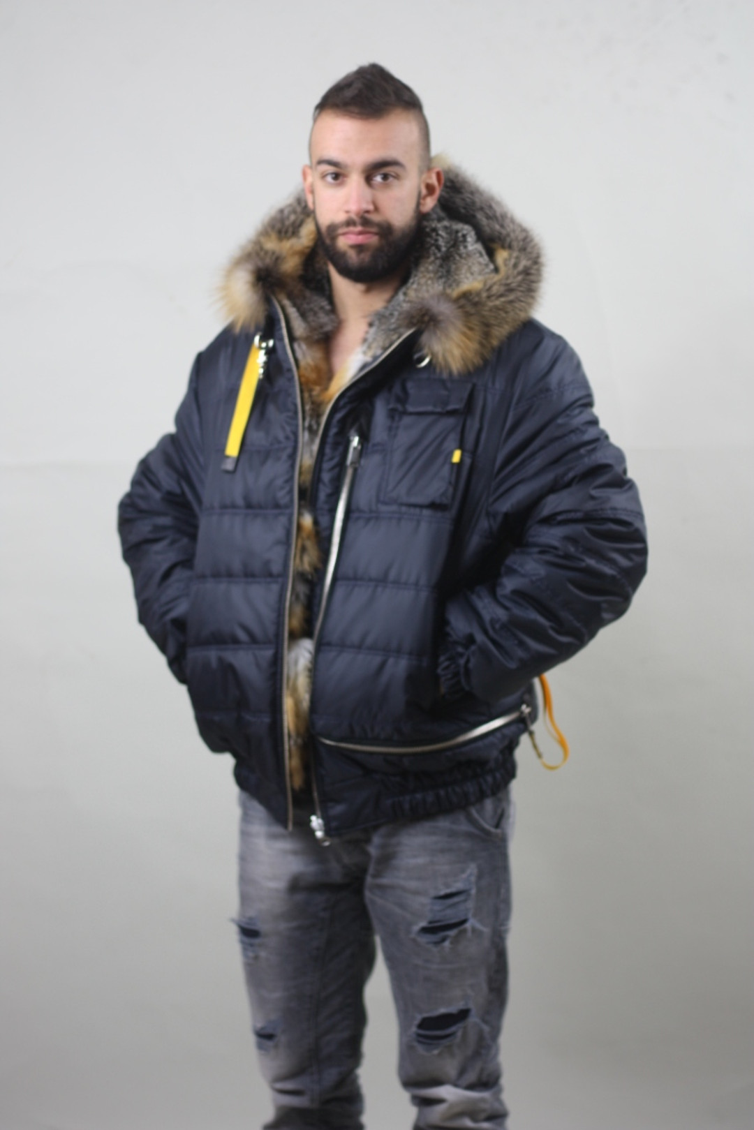 Blue  Hooded Fox Fur Lined Men's Parka