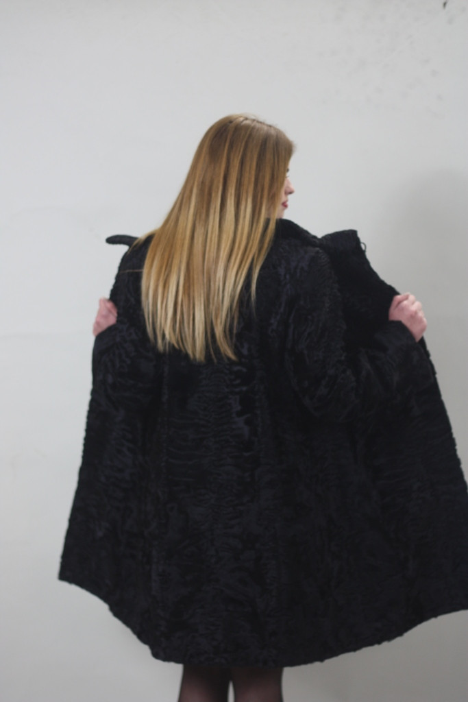  Black Swakara Lamb Fur Coat 3/4 length
