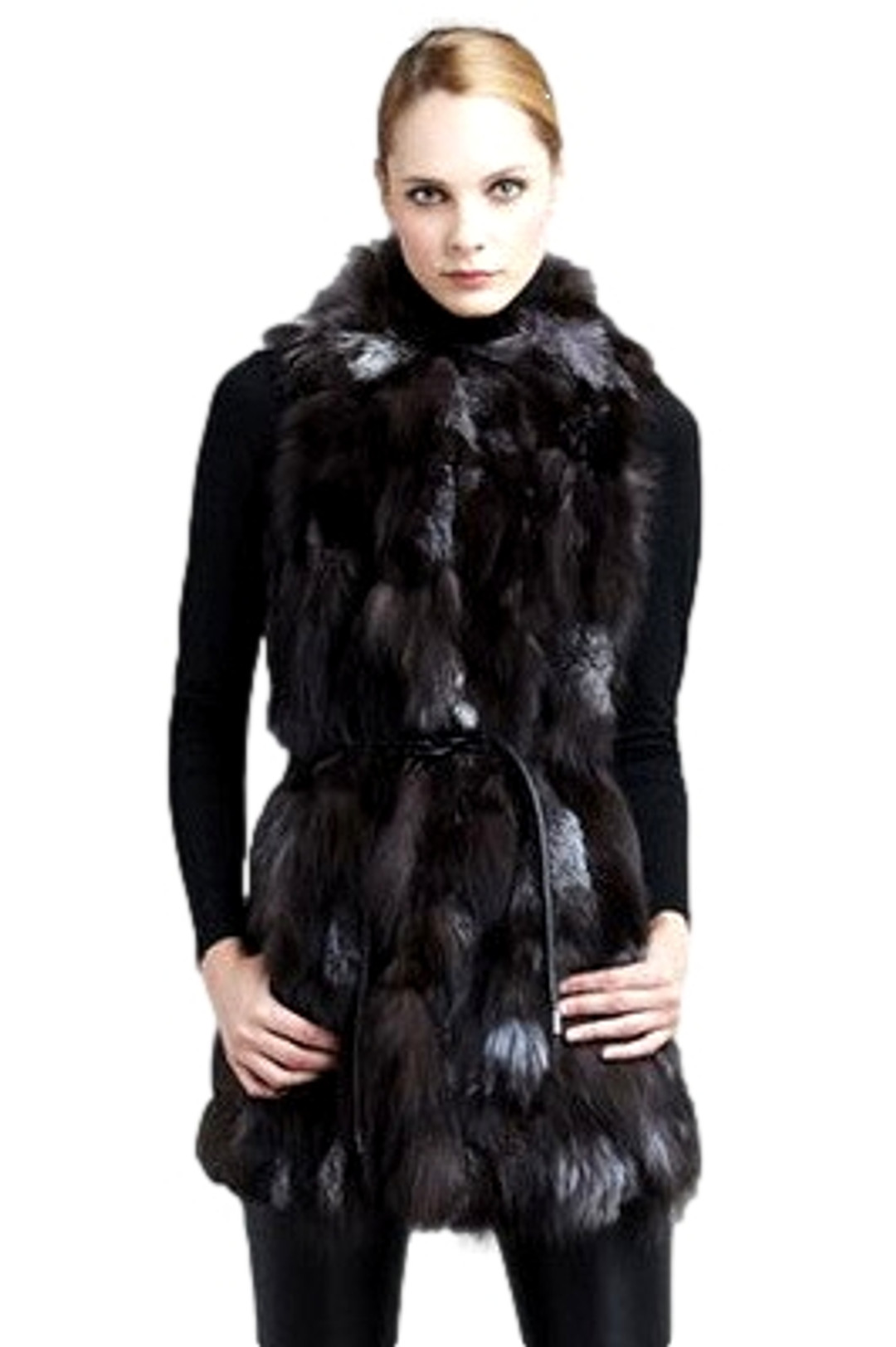 Silver Fox Fur Vest  Leather String Belt