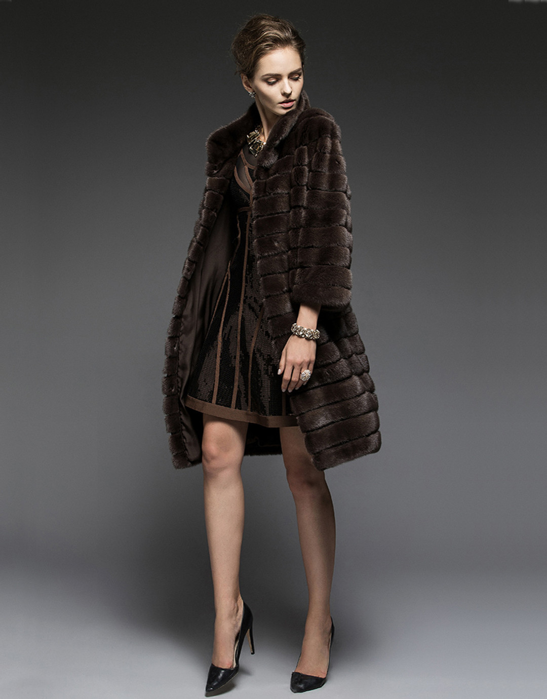 Panelled Mink  Coat  Knee Length Panelled Mink  Coat  Knee Length