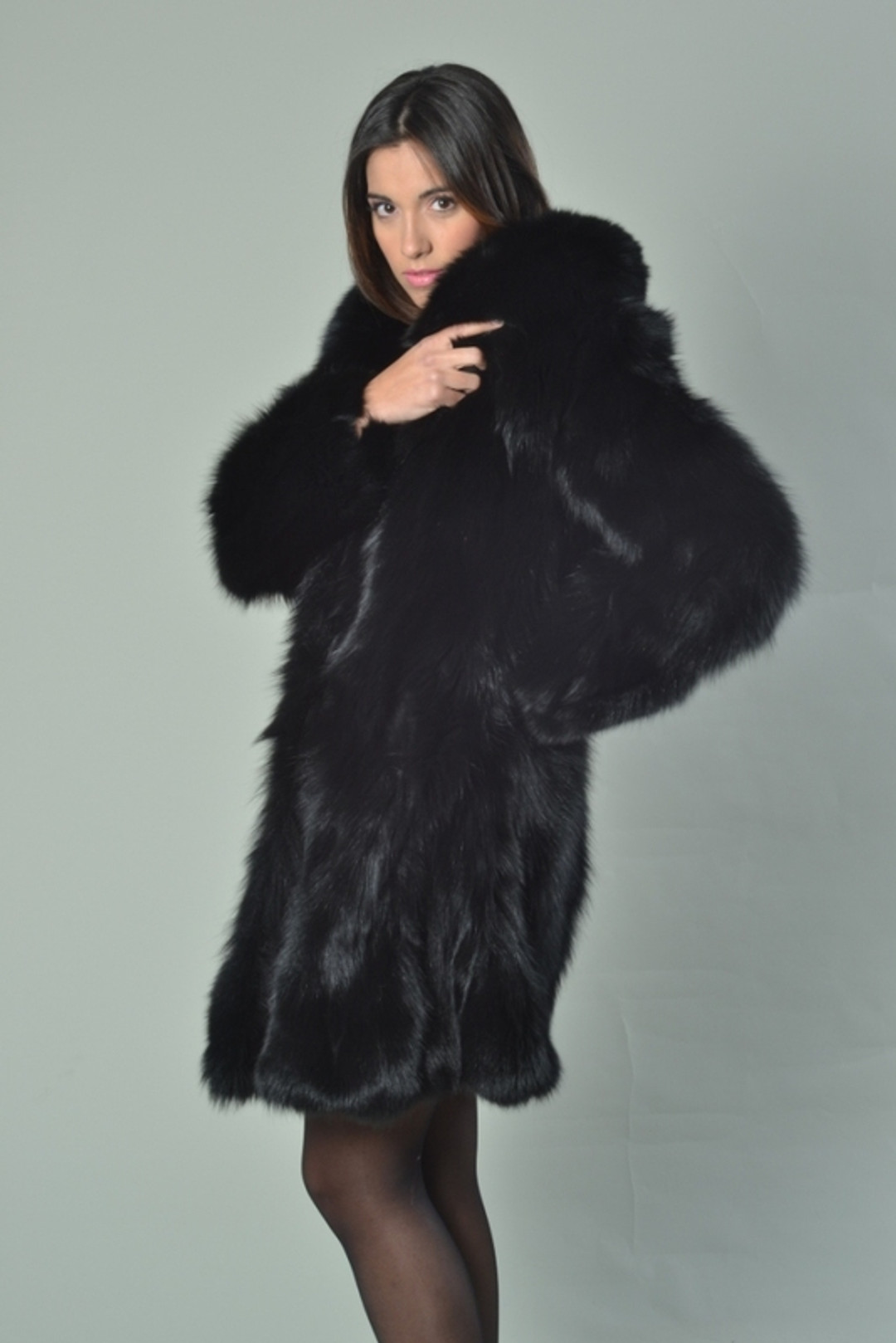 Black Fox Fur Coat K with shawl collar knee Length side view