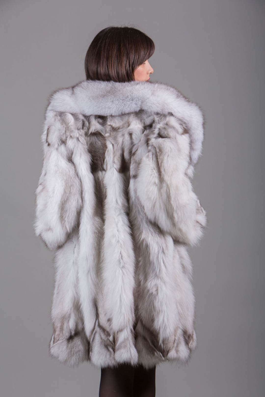 Blue  Fox Fur Coat Knee Length rear view