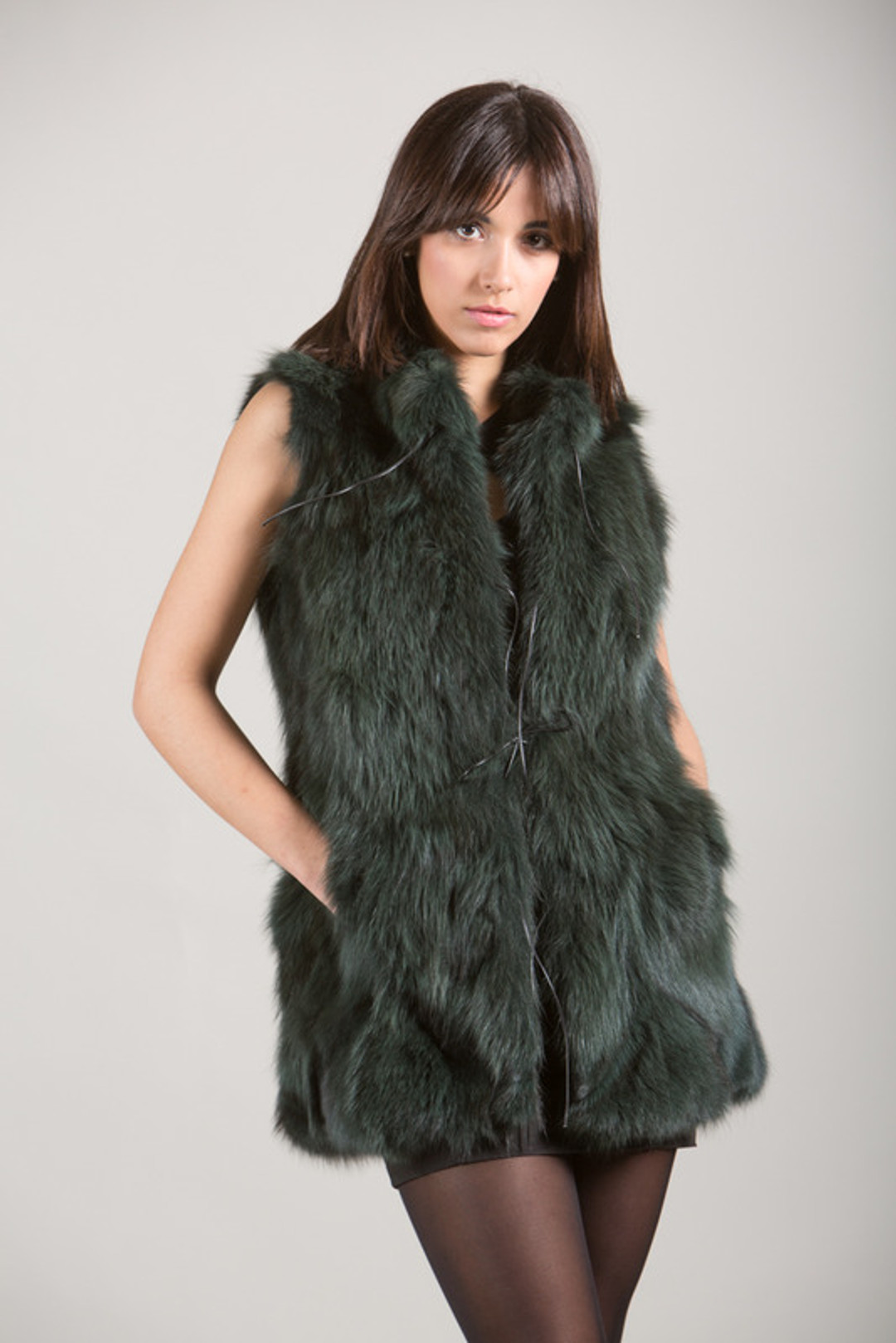 Green Fox Fur Vest hip length low cut collar and drawstrings Green Fox Fur Vest hip length low cut collar and drawstrings
