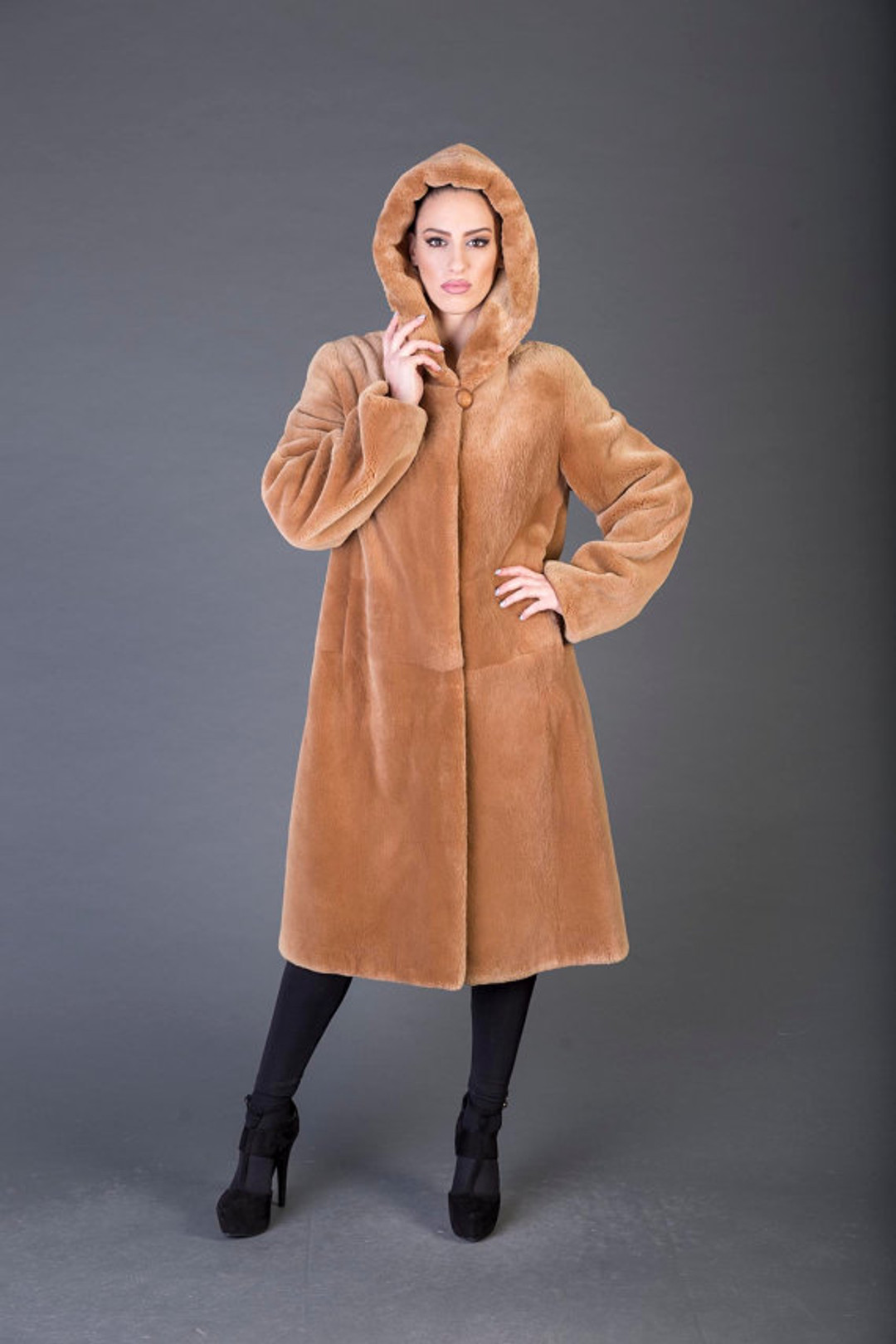 light brown beaver fur coat hooded 3/4 length light brown beaver fur coat hooded 3/4 length