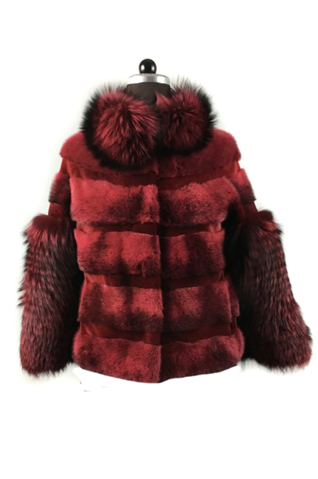 Red Mink fur coat With Fox sleeves and collar front view Red Mink fur coat With Fox sleeves and collar front view