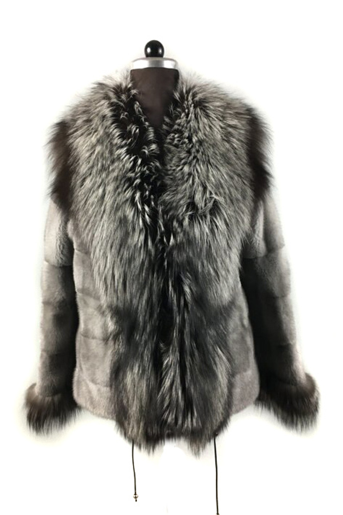 Gray Mink fur coat With Silver fox Collar  Waterfall  and Cuffs Waist Drawstrings   Front Side