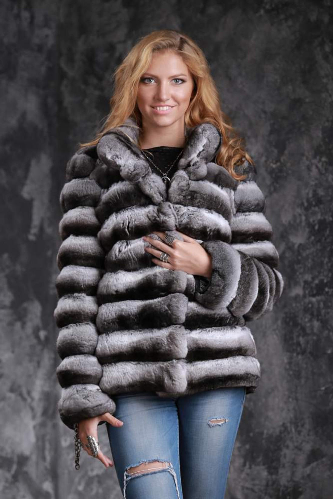 chinchila coat with v neck collar