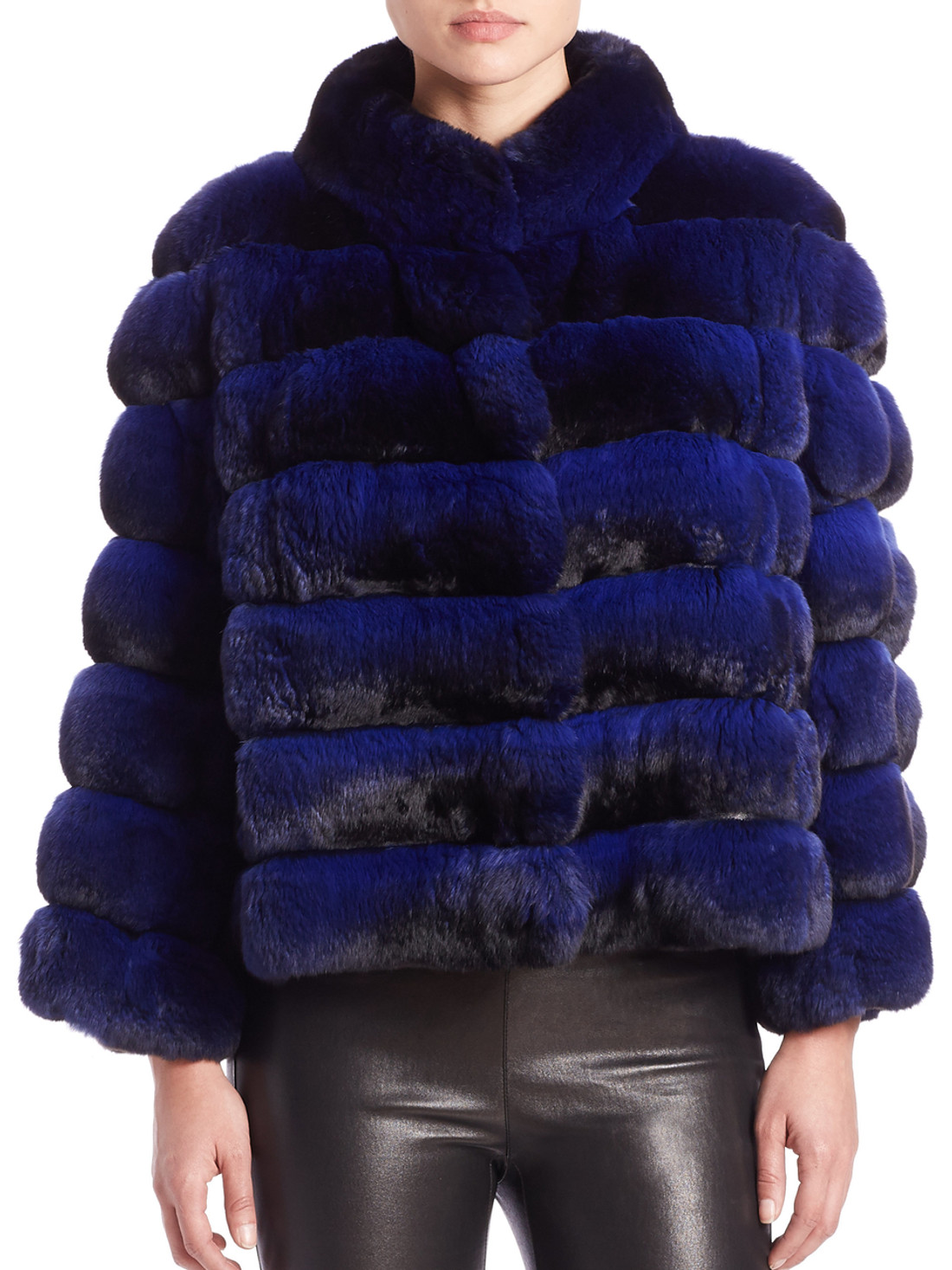 electric blue chinchilla coat with low cut collar and 4/5 sleeves , boxy cat