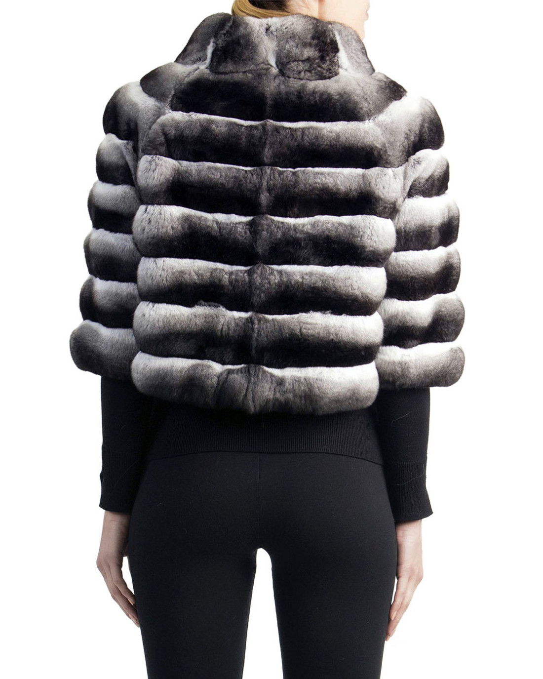 rear view of short chinchilla jacket with turtleneck collar