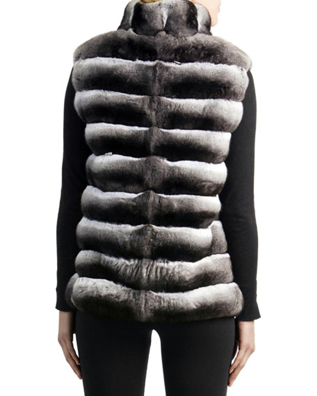 back view of chinchilla fur vest with stand up collar