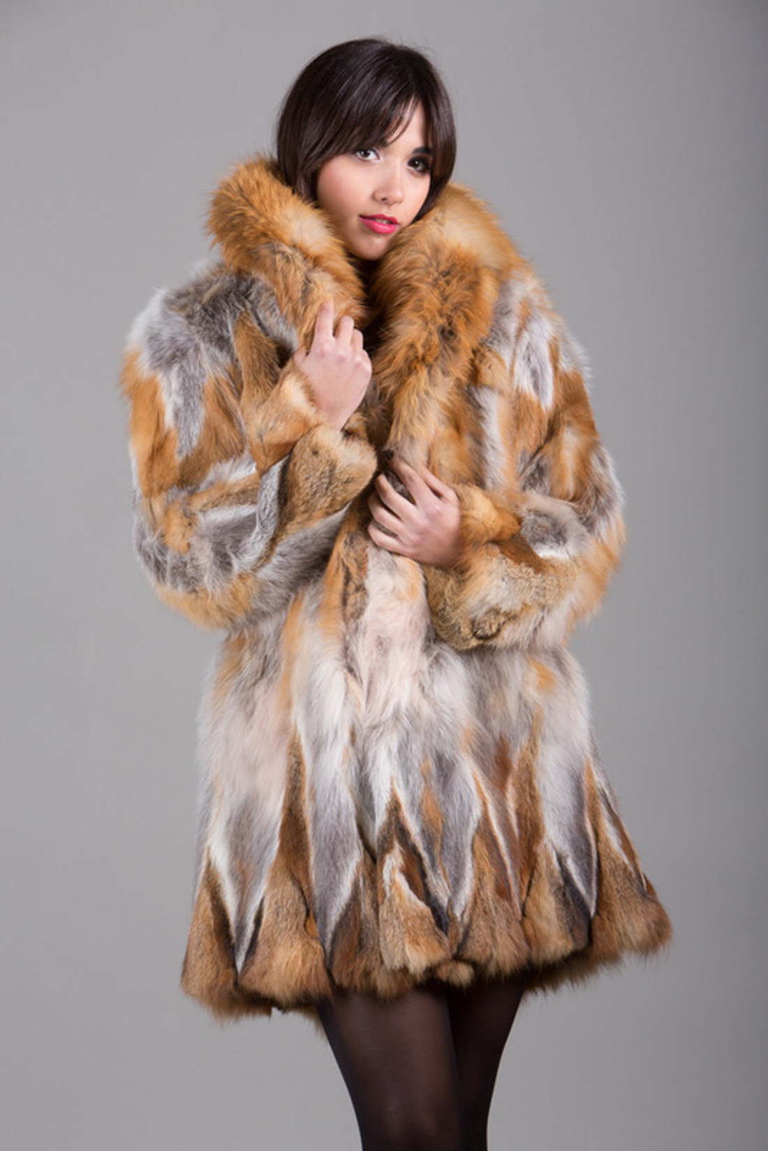 Red  Fox Fur Coat with shawl fox fur collar knee length fit in waist