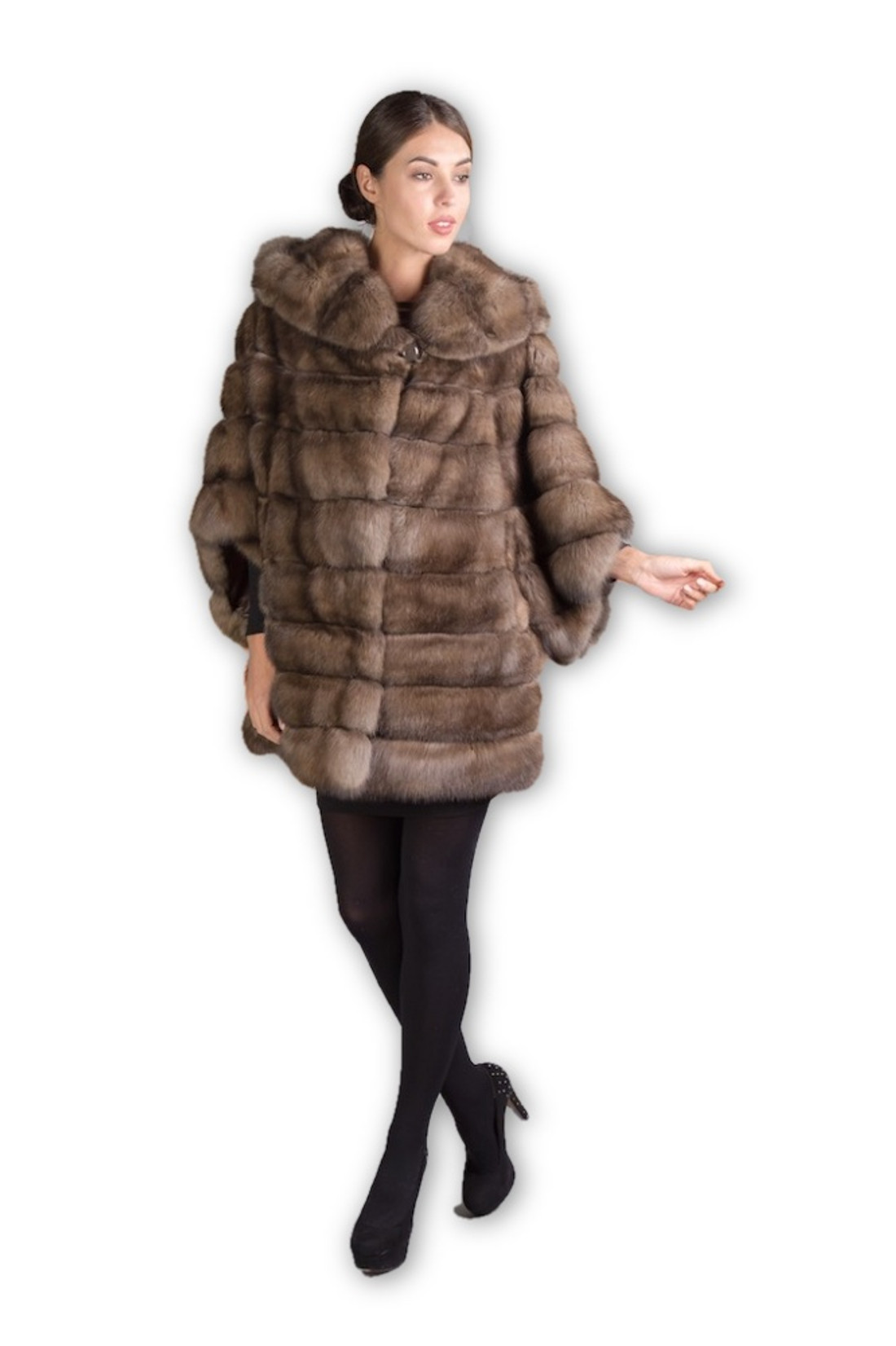 Russian Sable Fur Coat Hooded with bell bottom sleeves on model full body shot and hood off , boxy fit Russian Sable Fur Coat Hooded with bell bottom sleeves on model full body shot and hood off , boxy fit