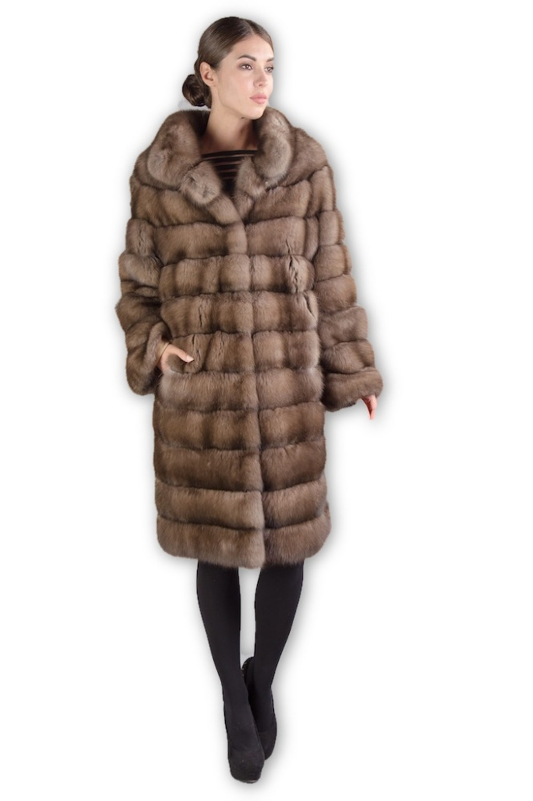 light golden sable fur coat knee length , loose fit  on model full body view light golden sable fur coat knee length , loose fit  on model full body view