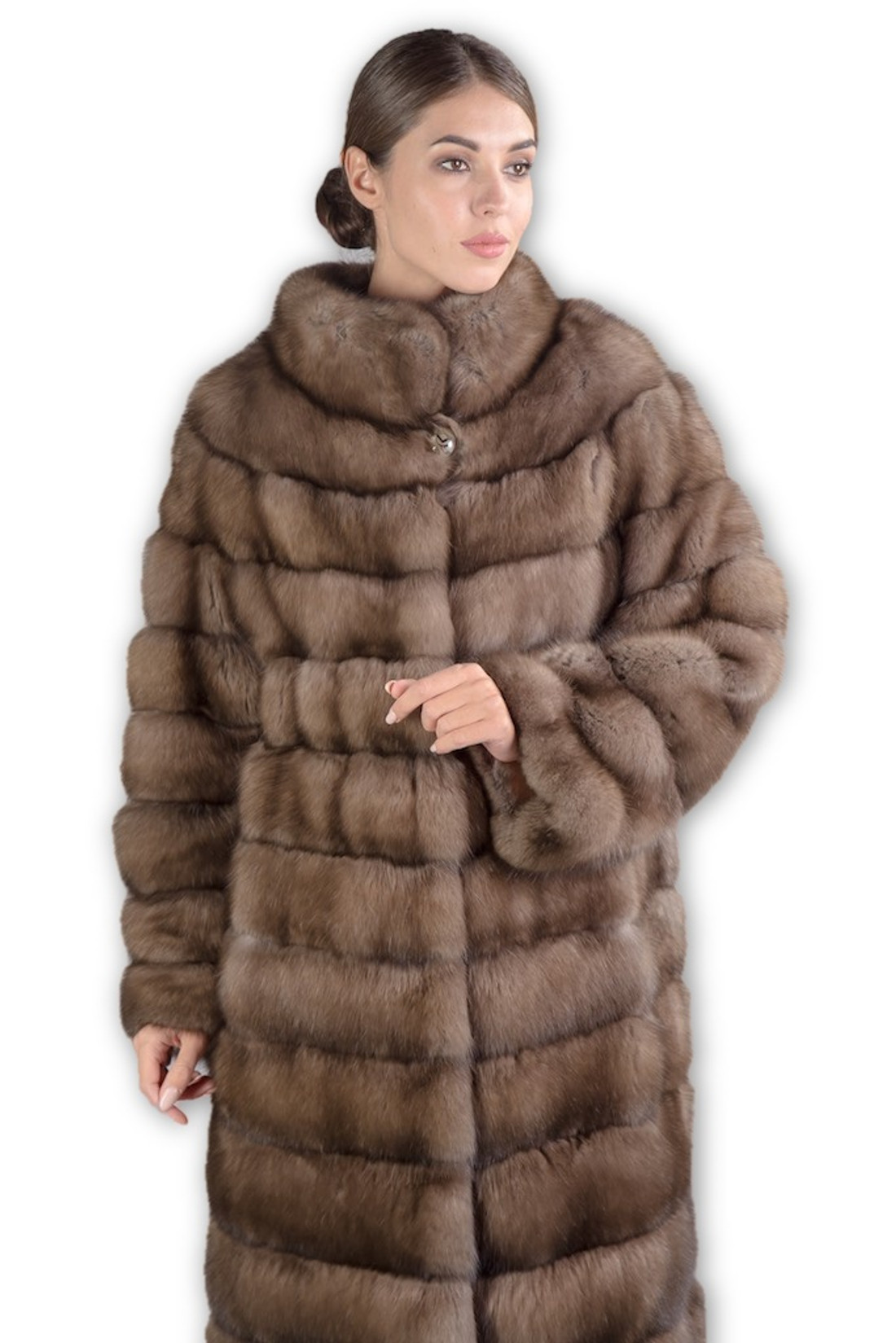 light Sable Fur Coat with rounded collar  worn by model close body view light Sable Fur Coat with rounded collar  worn by model close body view