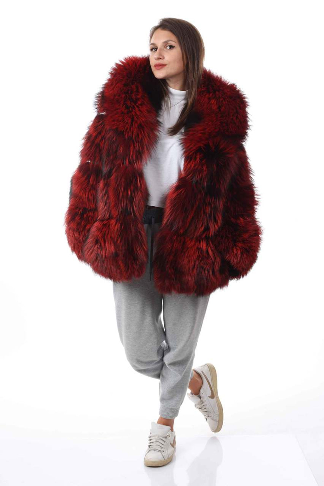 red fox fur coat with shawl collar pelts stitched across  front view on model