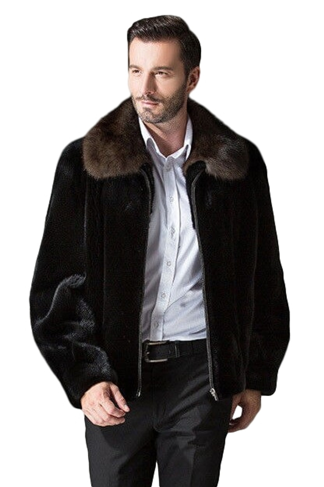 Mens Mink Fur Coat Black with Mahogany mink fur  Collar on male model matching with white shirt dark gray pants and  leather shoes close view Mens Mink Fur Coat Black with Mahogany mink fur  Collar on male model matching with white shirt dark gray pants and  leather shoes close view