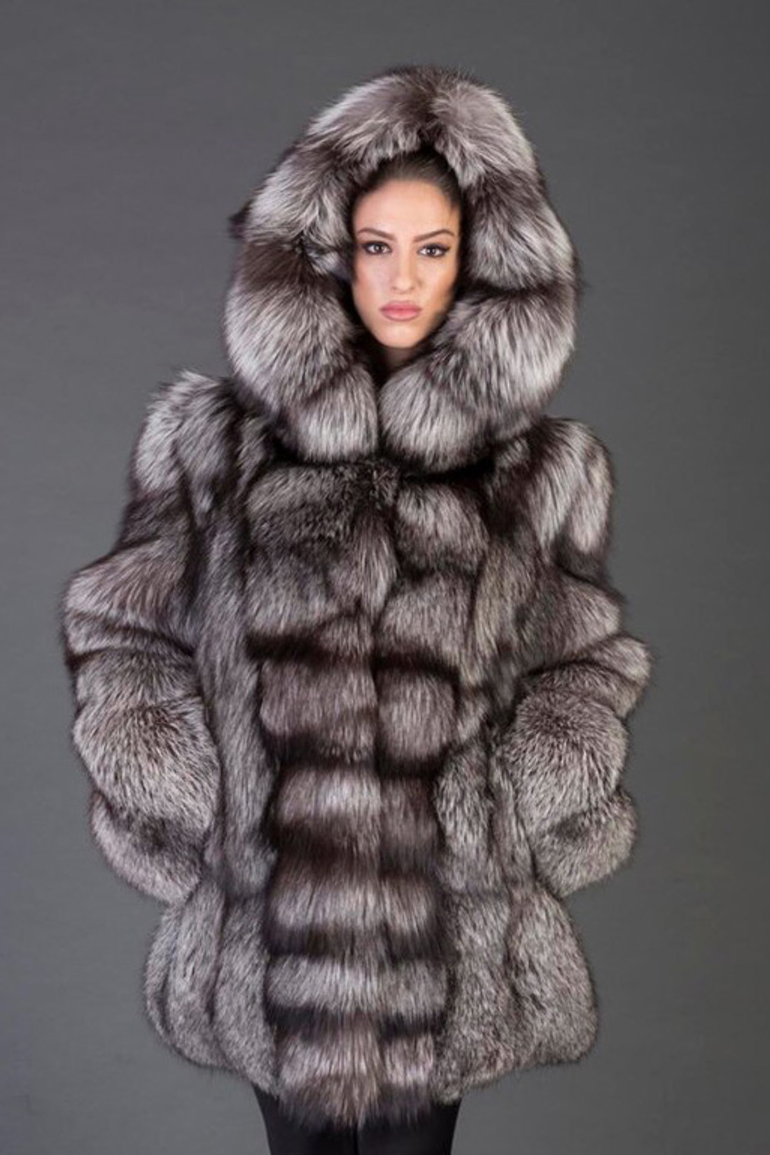 Silver Fox Fur Coat Hooded Rihanna