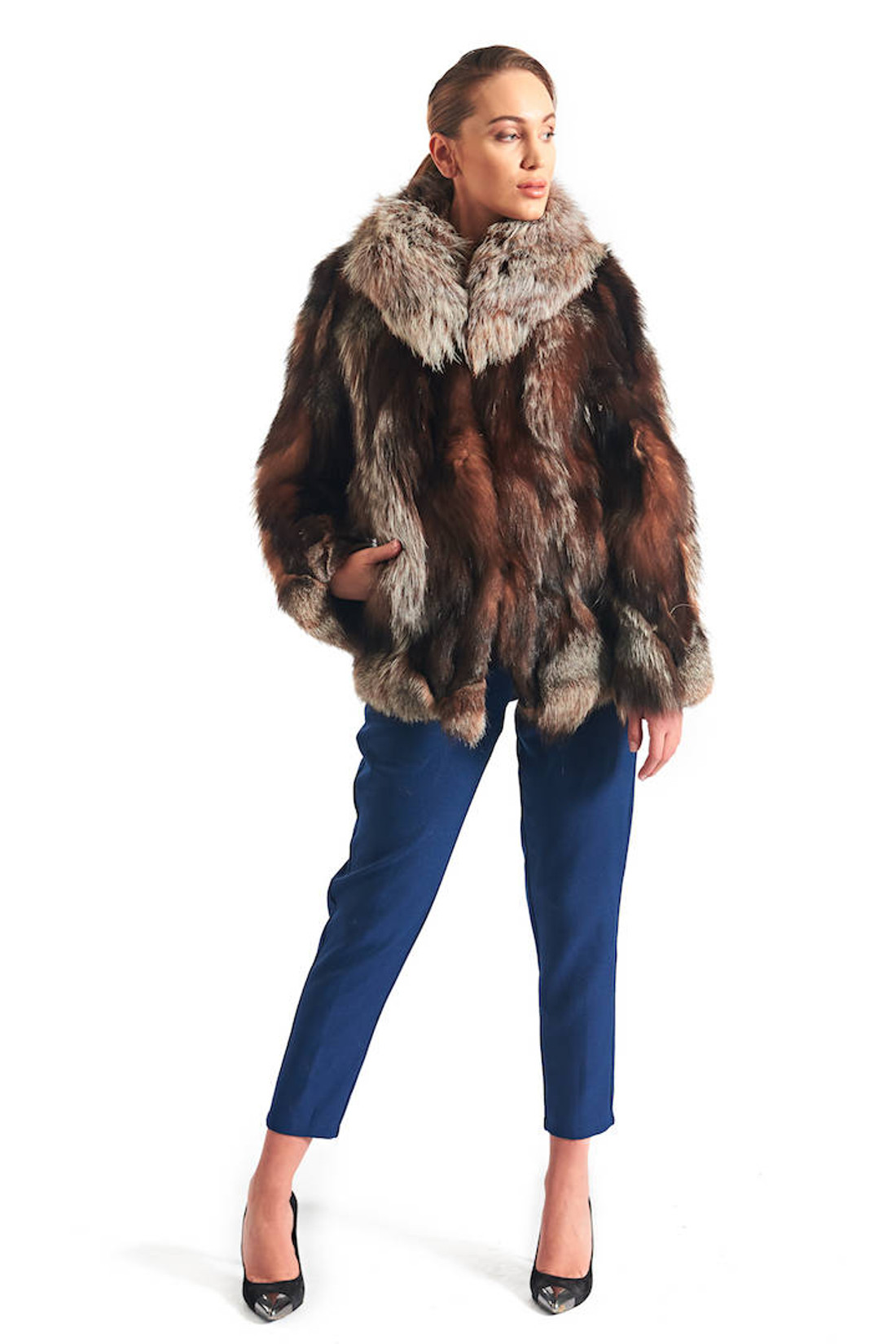 crystal fox fur coatwith shawl fox fur collar on model