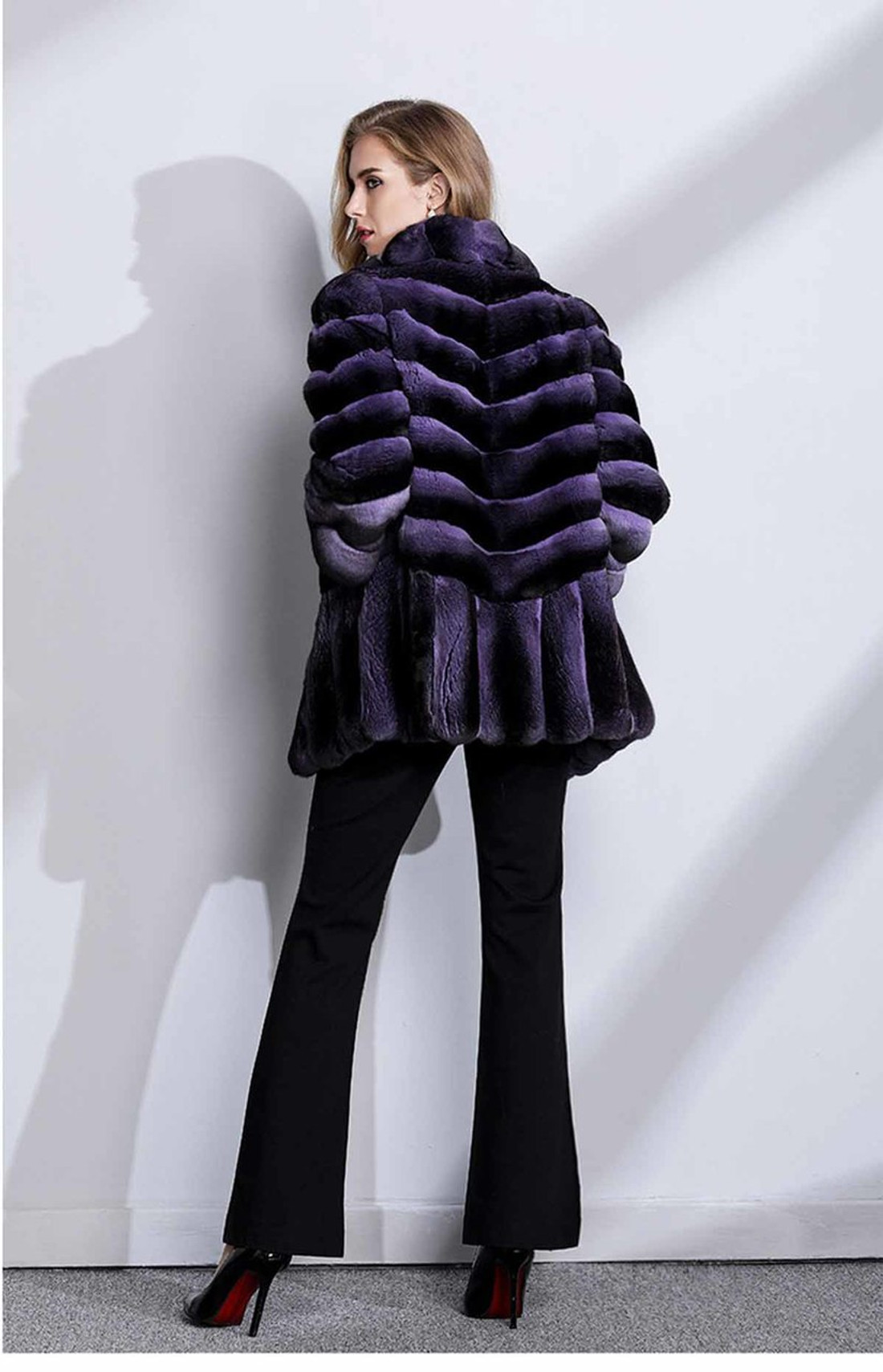 Purple Chinchilla  Coat Wide Bottom Sweep , main body pelts stitched horizontally and coat's skirt made of  pelts stitcthed vertically