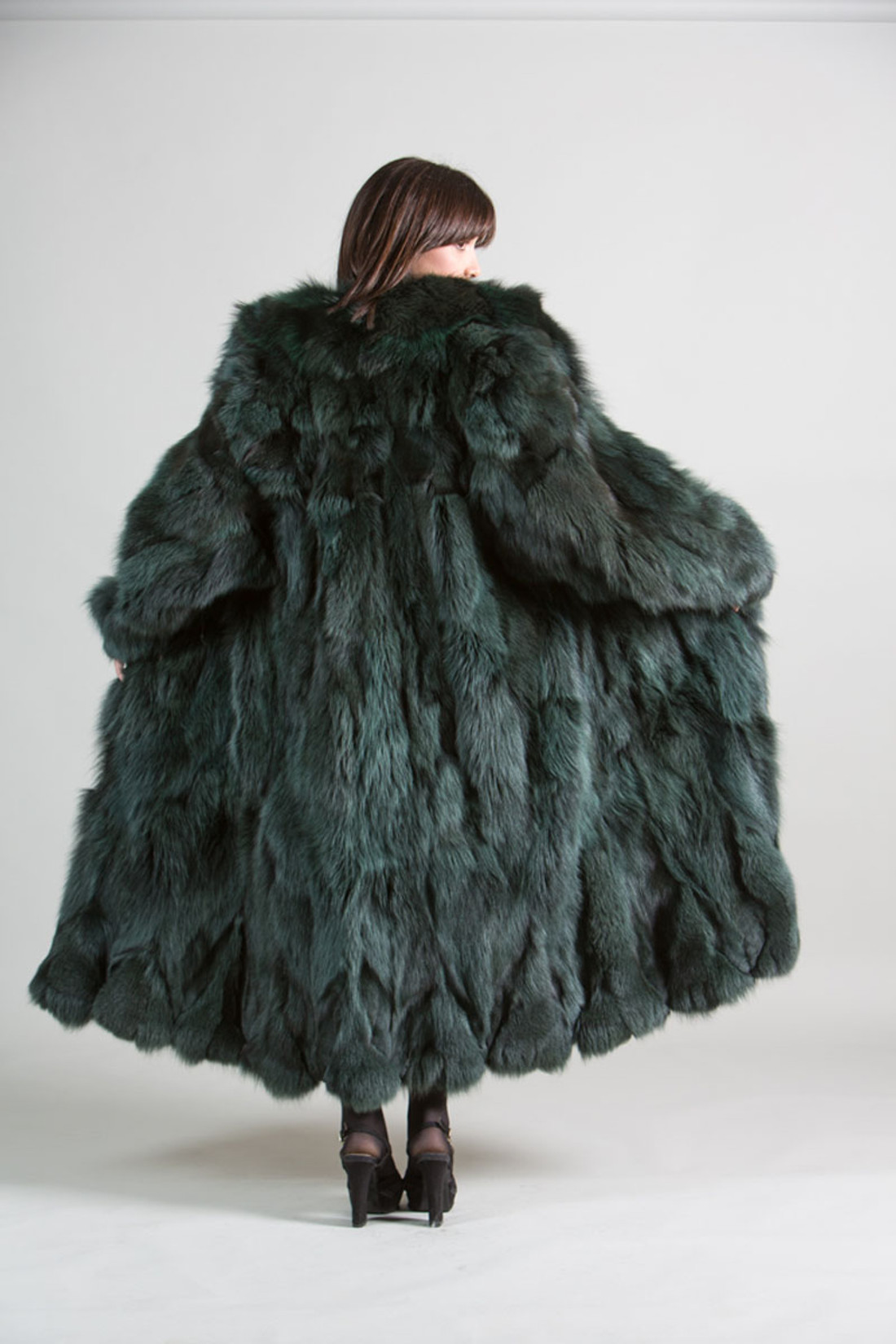 Green Fox Fur Coatwith shawl colar  Full Length rear view