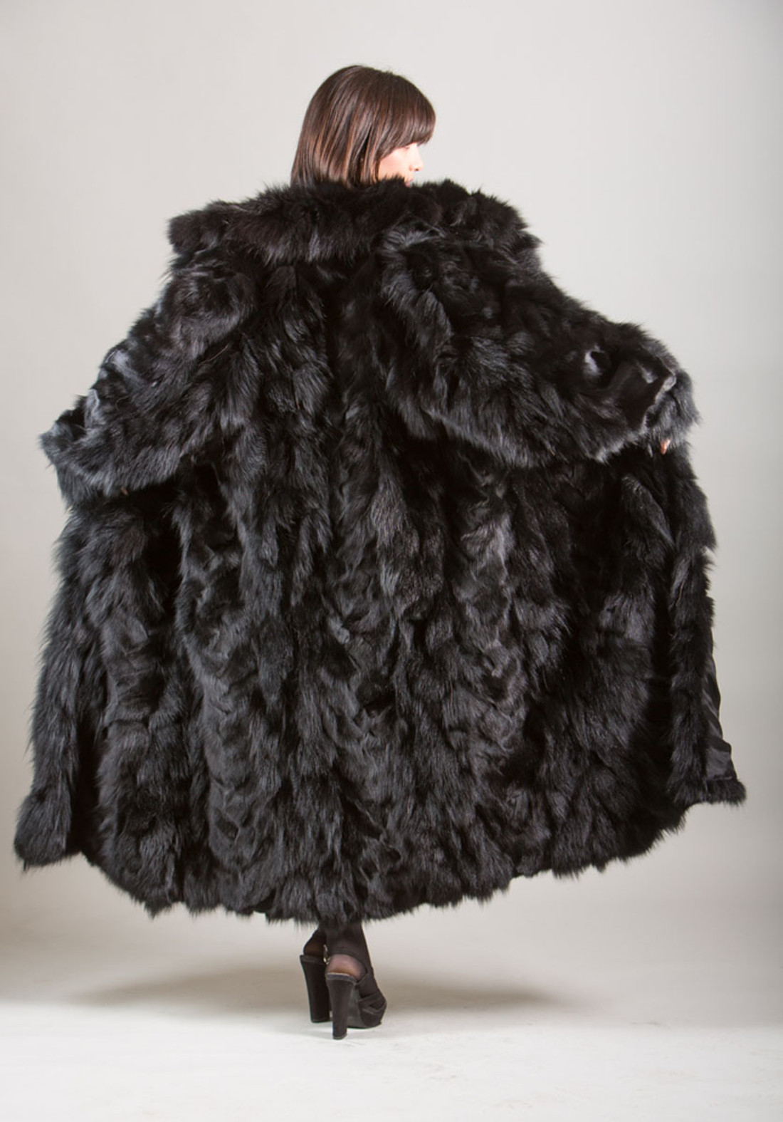 black fox fur coat 4/5 length sectional fully expanded rear view