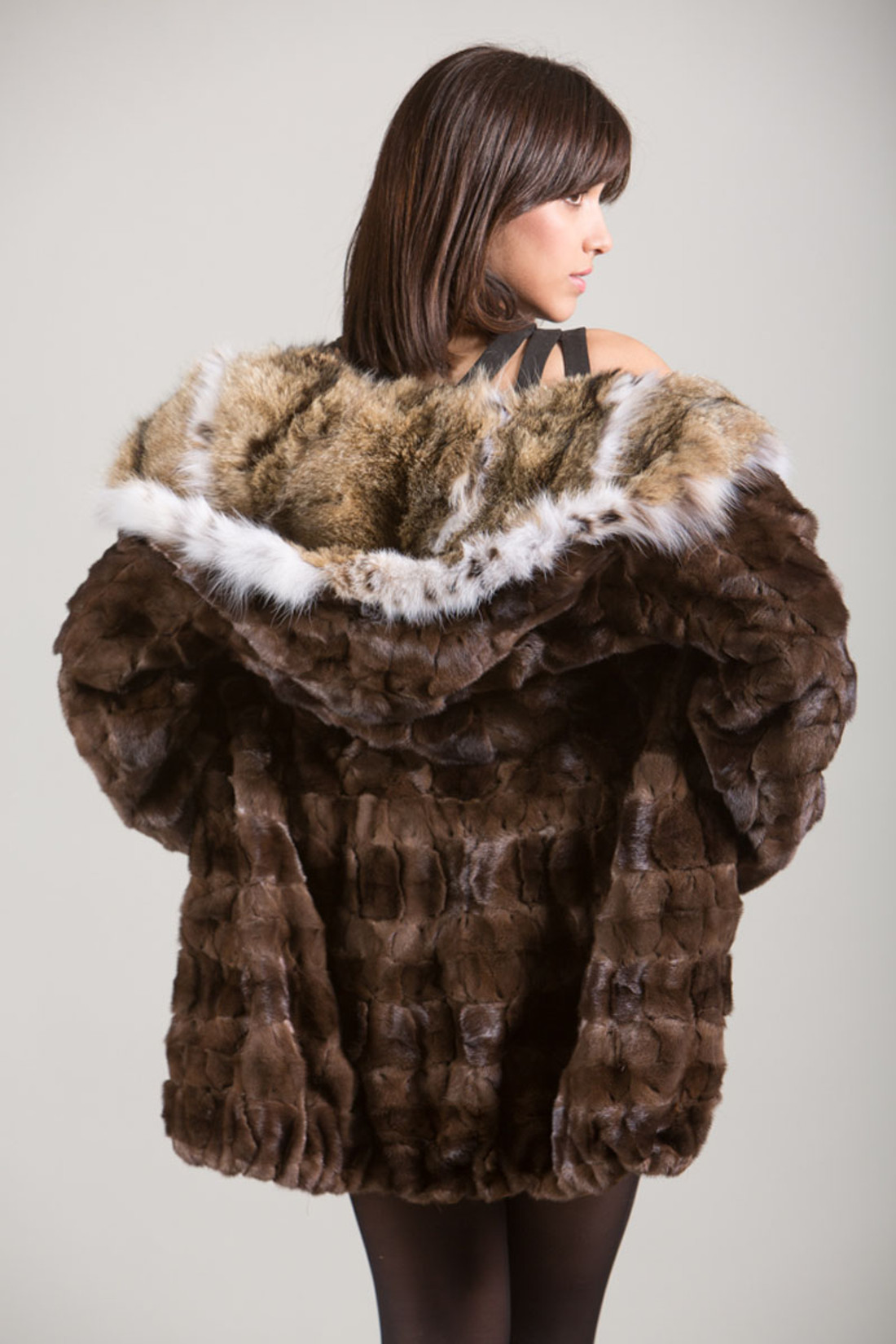 Brown Mink Fur Coat with Lynx Hood rear view