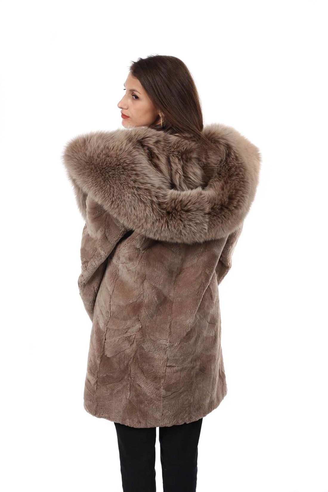 Light Brown Sheared Beaver Fur Coat Hooded with Fox Lining back view