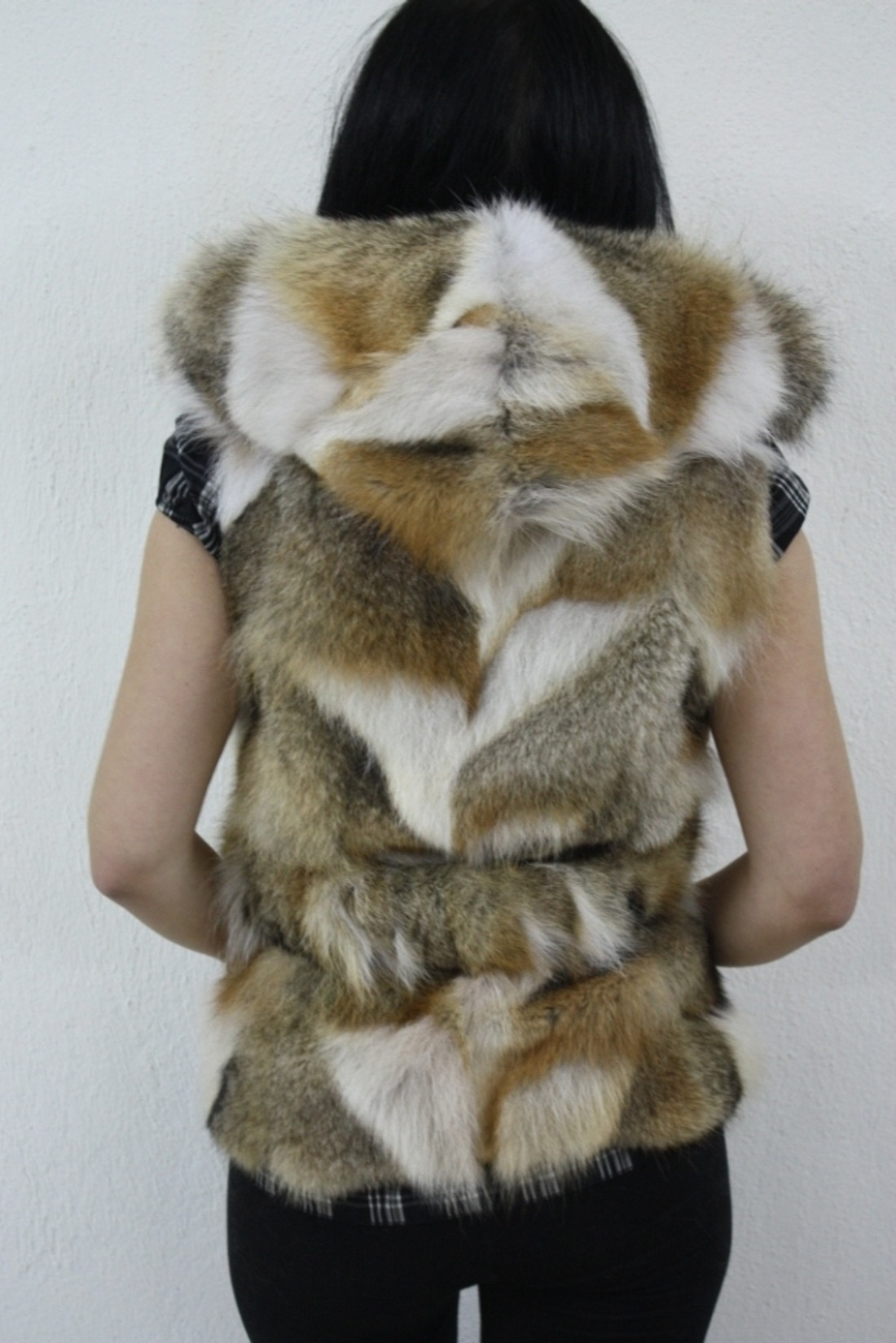 red fox fur vest hooded rear view