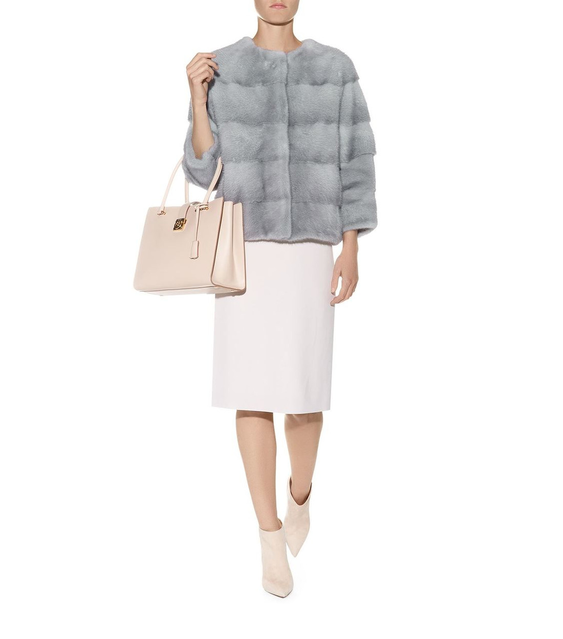 blue iris mink fur coat low cut collar cropped sleeves on model wearing white dress beige leather bag and leather ankle height boots blue iris mink fur coat low cut collar cropped sleeves on model wearing white dress beige leather bag and leather ankle height boots