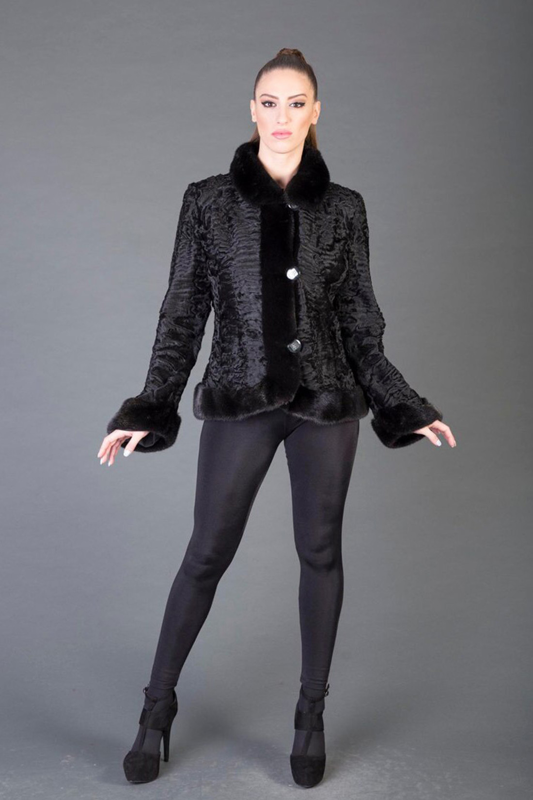 Black Persian Lamb Fur Jacket with Mink Trim on model Black Persian Lamb Fur Jacket with Mink Trim on model