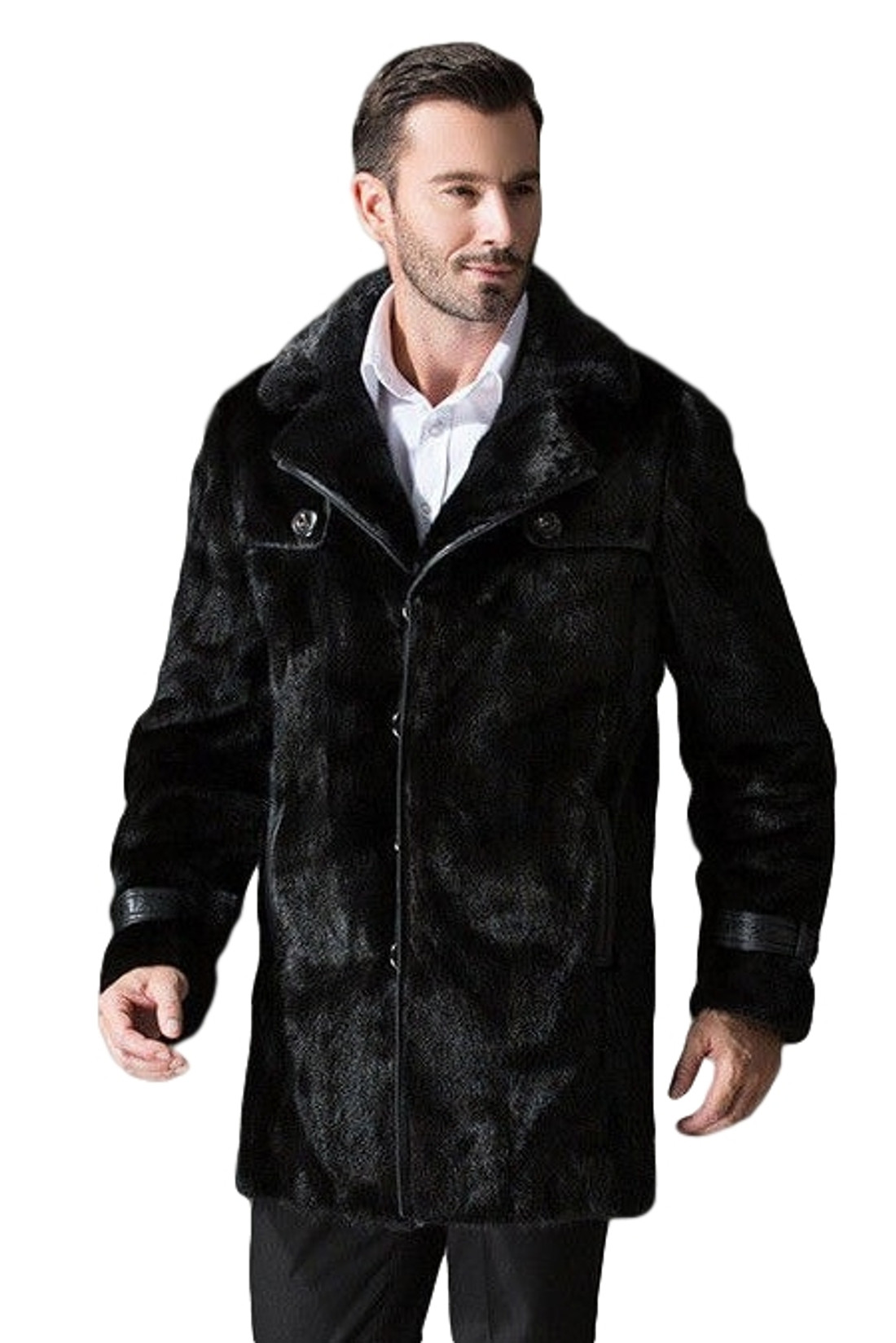Black Mink Fur Coat Leather Details on male model Black Mink Fur Coat Leather Details on male model