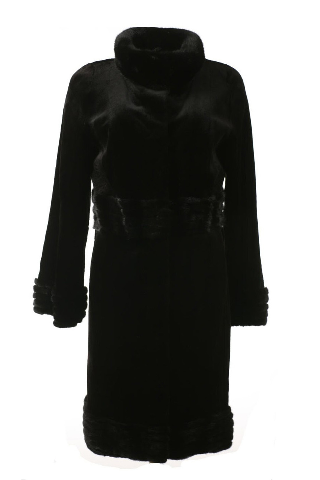 Black Sheared Mink Stroller tapered waist bell bottom sleeves on ghost mannequin Black Sheared Mink Stroller tapered waist bell bottom sleeves on ghost mannequin
